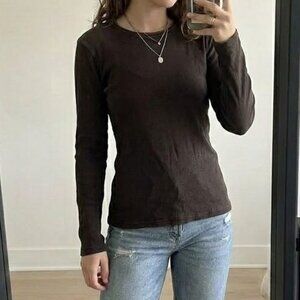 100% Cotton Women's Brown Ribbed Long Sleeve Top